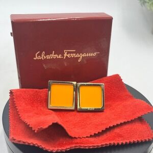Salvatore Ferragamo Vintage Marigold Square Clip-On Earrings Gold Frame Italy